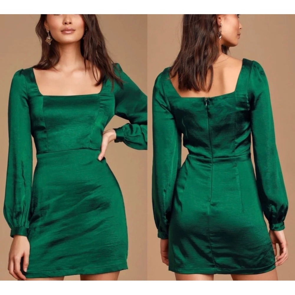 Lulus Got The Love Emerald Green Satin Square Neck Mini Dress Size Small NEW